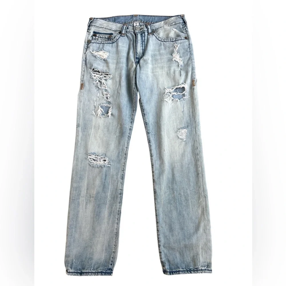 True Religion Athletic Geno Relaxed Slim Blue Straight Jeans Distressed